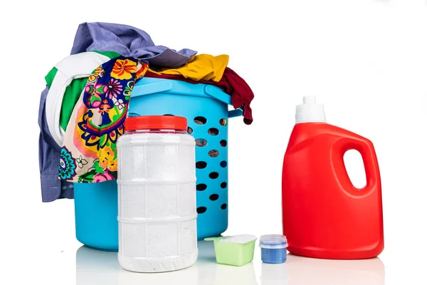 Comparison Powder Liquid Laundry Detergent Laundry Basket Full Apparel White — Stock Photo, Image