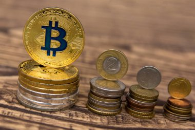  Her zamanki gibi paralar ile ahşap masa üzerinde bir yığın altın bitcoins yalan 