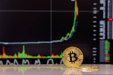 Altın bitcoin ve grafik monitör