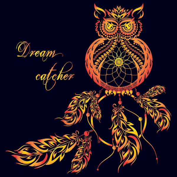 Vector dream catcher owl. Dark background. — Stock Vector