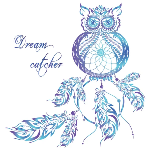 Vector dream catcher owl. Blue background. — Stock Vector