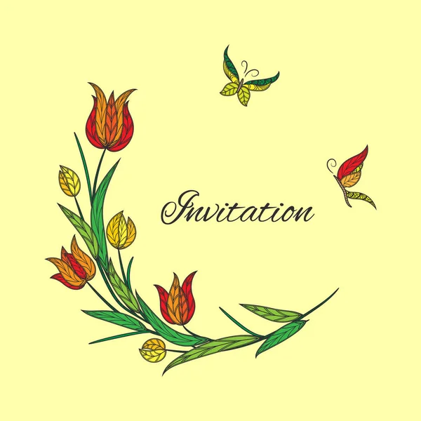 Vector oranje tulp uitnodiging met vlinder — Stockvector