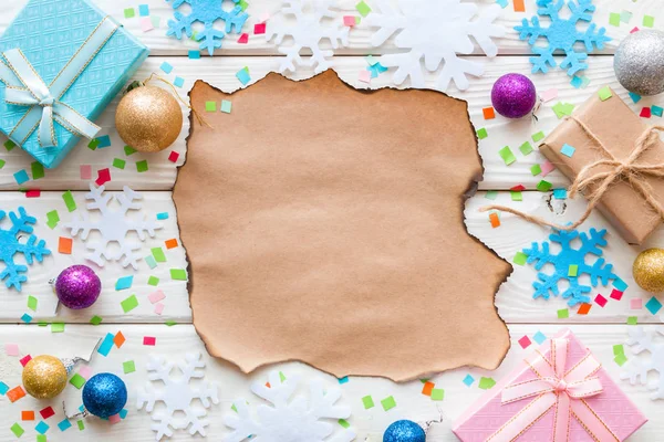 wish list, Christmas toys and gifts on a background of confetti