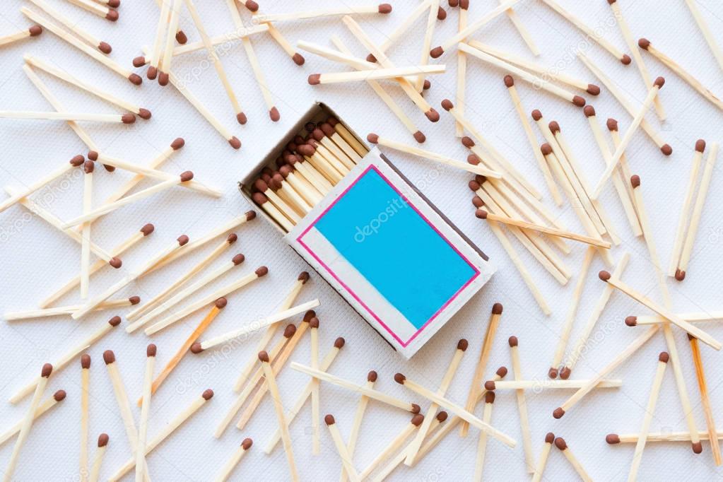 matchbox and matches scattered on a white background