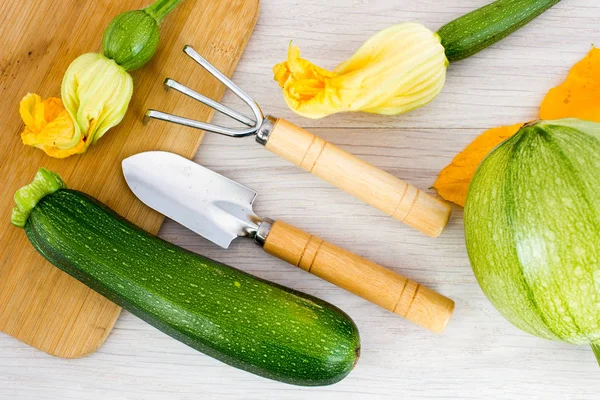 Grüne Zucchini und Blüten auf Holztisch — Stockfoto