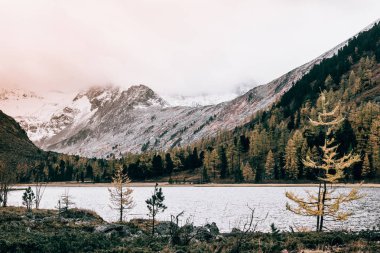 Bulutlu yağışlı hava kayalarda yansıtılmış yüzeyde yansıması ile dağ gölü. Dağ ülke ve doğa güzelliği.