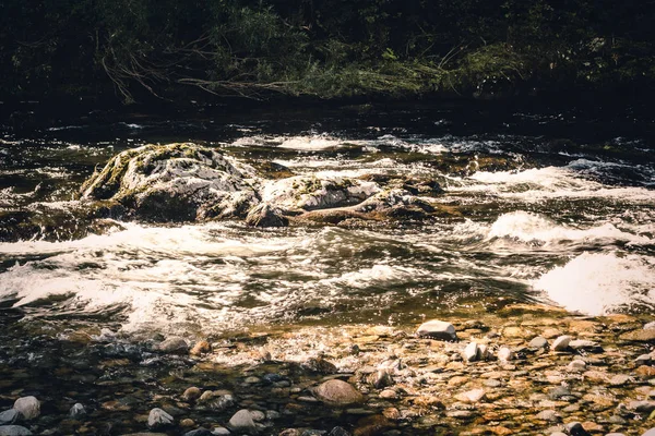 Γρήγορη Ορεινό Ποτάμι Ταχεία Ροή Μέσα Στο Καταπράσινο Δάσος — Φωτογραφία Αρχείου