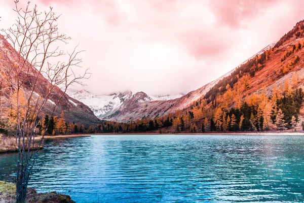 Mountain lake with reflection in the mirrored surface of the rocks in cloudy rainy weather in the fall. The beauty of this mountainous country, nature in autumn.