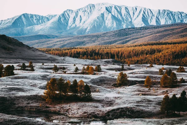 雪に覆われた山々 の峰の美しい景色 岩のカラフルな山の谷 — ストック写真