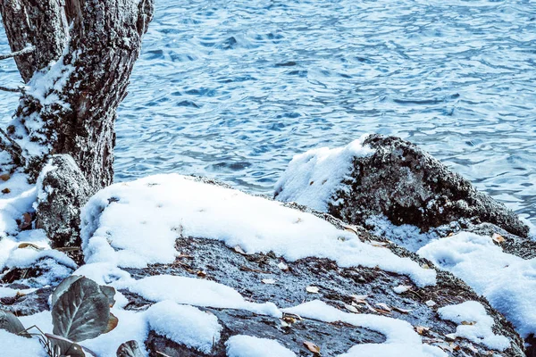 Les Pierres Bois Sous Neige Sur Fond Lac — Photo