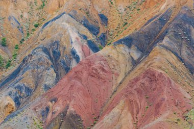 Renkli tepeler, farklı renkte şeritler kanyon yamacında. Susuzluktan dolayı kuru toprak. Çölde kuraklık. Toprak erozyonu