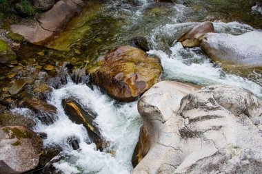 hızlı akan nehir. Kayaların arasındaki dağ deresi. Su turisti gezisi