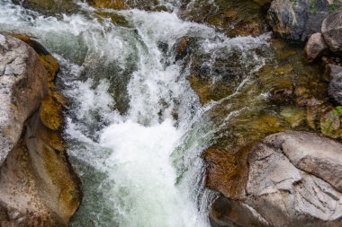 hızlı akan nehir. Kayaların arasındaki dağ deresi. Su turisti gezisi