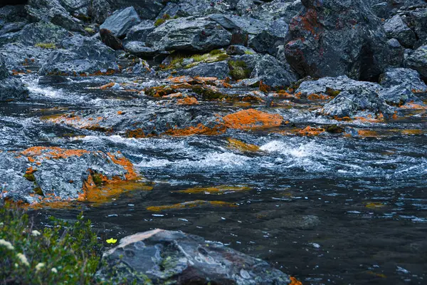 Fluxo Montanha Com Pedras Amarelas Fluxo Rápido Rio Água Fervente — Fotografia de Stock