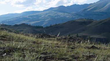 Bulutlarla dolu bir tepe. Kar yamaçlı kayalar, dağ manzarası. Ülke çapında turizm gezisi