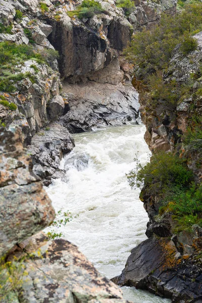 Schneller Fluss Gebirgsschlucht Blubbernder Bach Zwischen Den Felsen Test Für — Stockfoto