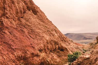 Kuru nehir yatağının kanyonundaki kayalar. İklim değişikliği yüzünden kuraklık. Tepelerin toprak erozyonu. Dağlarda kırmızı kum