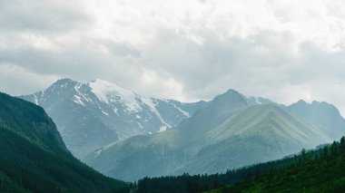 Mavi sisli yüksek uçurumlar, sisli dağ silueti, meditasyon ve doğada rahatlama.