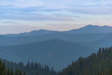 Ufuktaki orman tepeleri sisle kaplıdır, sisli dağ sıraları, yaya olarak uzak hedefe ulaşır.