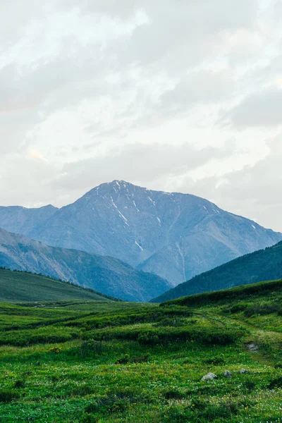 Skalisty Grzbiet Horyzoncie Dolinie Górskiej Zielone Zbocza Łagodnych Wzgórz Piękno — Zdjęcie stockowe