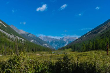 Mavi gökyüzünün altındaki dağ vadisi Ufukta kaya sırtı