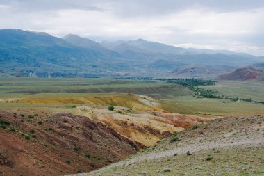 Kırmızı topraklı dağ kanyonu, geçitli nehir vadisi ve yeşil ağaçlar, toprak erozyonu, kuraklıktan kaynaklanan vadi oluşumu.