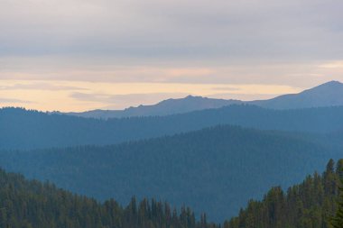 Ufuktaki orman tepeleri sisle kaplıdır, sisli dağ sıraları, yaya olarak uzak hedefe ulaşır.