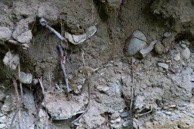 Çamur ve kaldırım taşlarıyla taştan duvarlar.