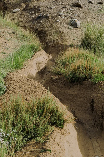 Torr Lerravin Grund Jorderosion Sandbädd Uttorkad Flod Torka Stäppen Vattenbrist — Stockfoto