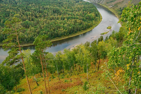 Bred Flod Bland Gröna Kullar Med Träd Jämn Krök Kanal — Stockfoto