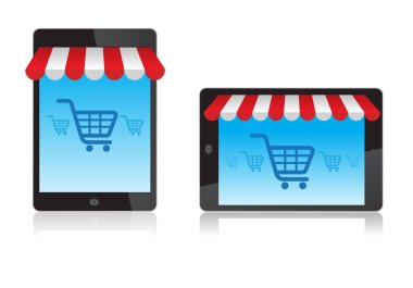 Tente ve sepet satır Dükkanı, e-ticaret fikirler, vektör çizim ile tablet