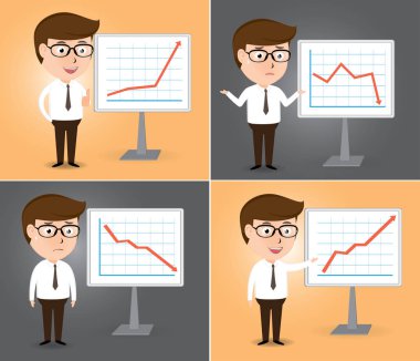 İşadamı sunu büyüme ve grafik kartı aşağı koymak, vektör çizim karikatür