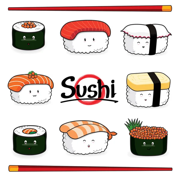 白い背景、日本食、ベクトルのセットの寿司漫画のキャラクター — ストックベクタ