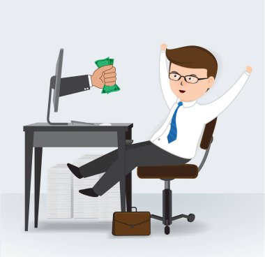Bilgisayar, iş kavramı, para karakter karikatür, vektör