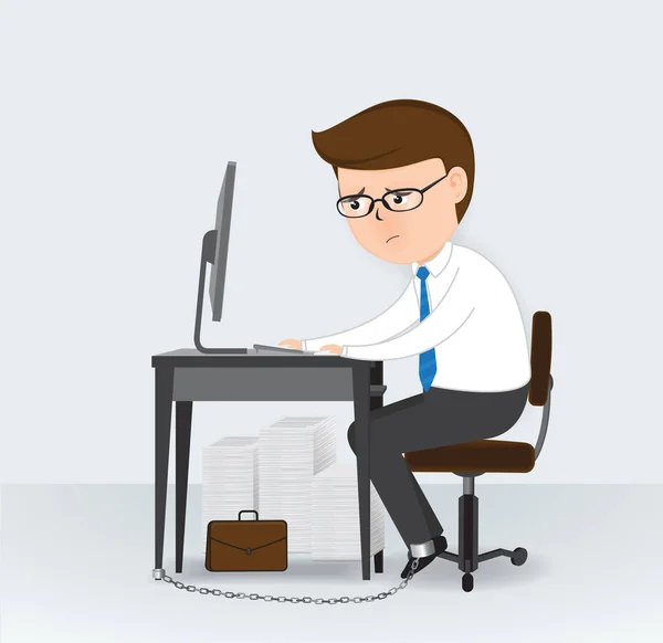 Uomo d'affari incatenato alla scrivania, Business Concept, personaggio dei cartoni animati, vettore — Vettoriale Stock