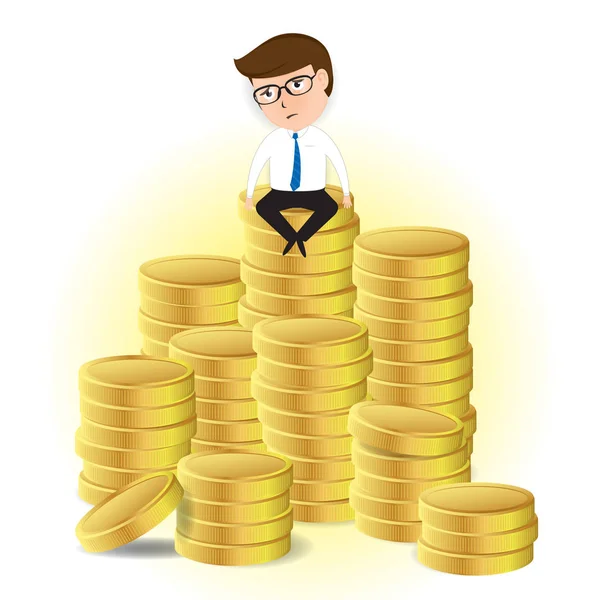Sorgliga affärsman sitter på högen av guld, affärsidé, seriefigur, vektor — Stock vektor