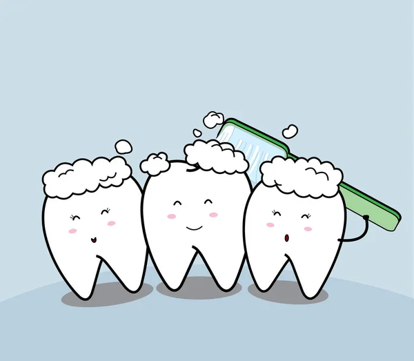 Roztomilý kreslený usmívající se zub a čištění zubů — Stockový vektor