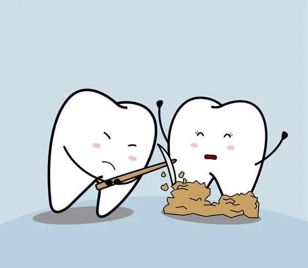 Schattige cartoon triest tand en bacteial plaque — Stockvector