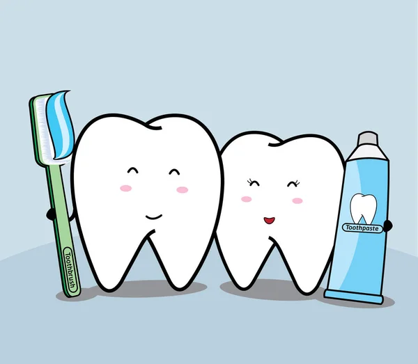 Lindo dibujo animado sonriendo diente y cepillarse los dientes — Archivo Imágenes Vectoriales