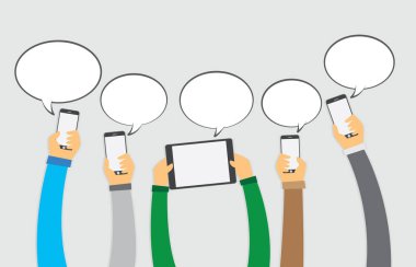 El smartphone ve tablet ile konuşma balonu, e-ticaret kavramı, 10 vektör