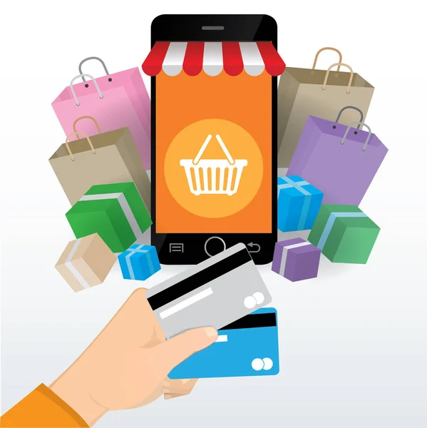 Compras Online com mão segurando cartão de crédito, conceito de comércio eletrônico, vetor 10 —  Vetores de Stock