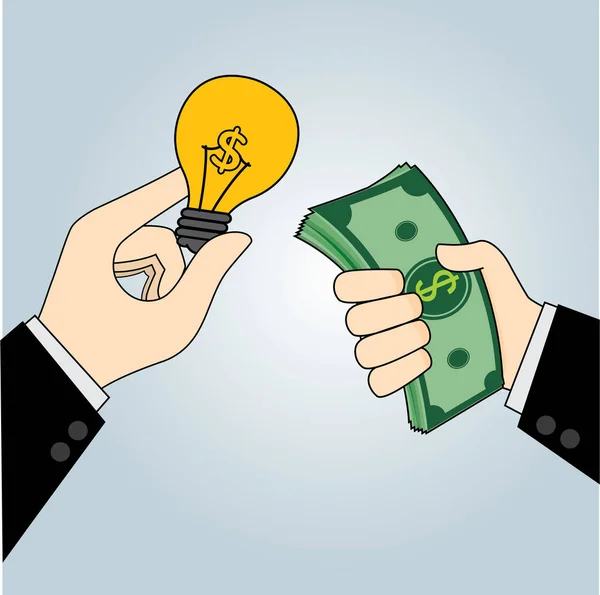 Ruka držící peníze s ruka držící lampu, obchodní koncepce vektoru, ilustrace — Stockový vektor
