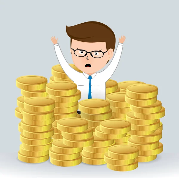 Zakenman zinken in een stapel van gouden munten, zakenman stripfiguur, vectorillustratie businessconcept — Stockvector