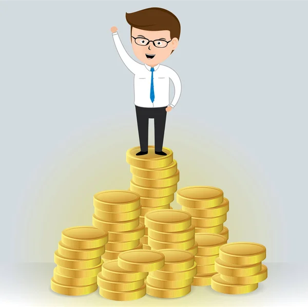 Geschäftsmann steht auf einem Haufen Goldmünzen, Geschäftsmann Zeichentrickfigur, Vektor Illustration Geschäftskonzept — Stockvektor