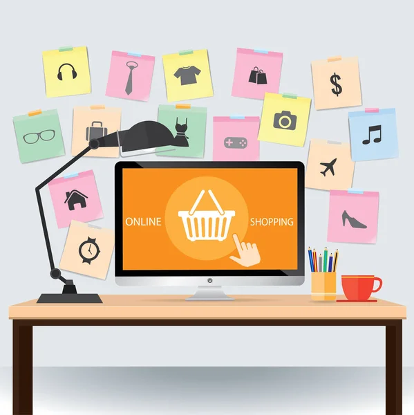 Masaüstü Not kağıt ve sepet online alışveriş simgeleri, e-ticaret, online alışveriş kavramı, vektör çizim ile