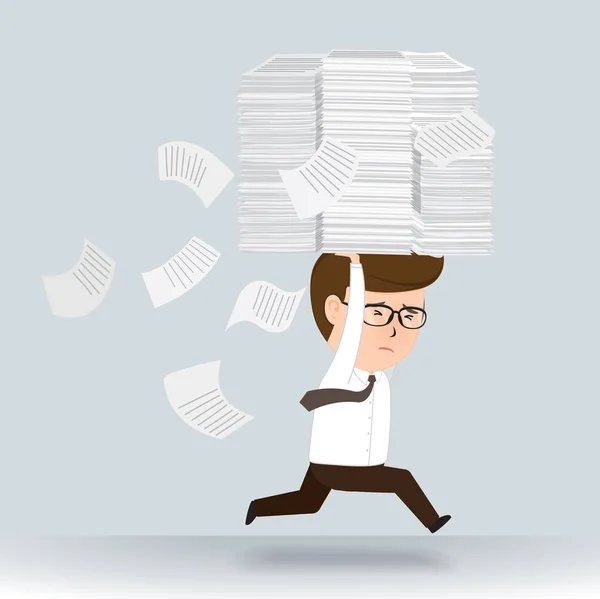 Businessman run holding a lot pile of paper, Businessman Cartoon character, vector illustration Business Concept — Stock Vector