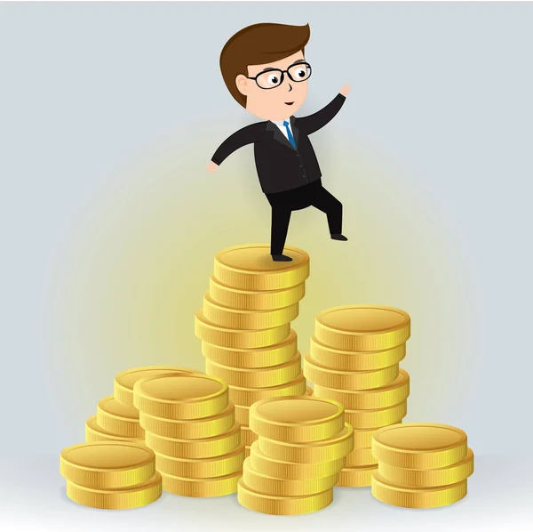 Empresario caminando de una pila de monedas de oro, Empresario personaje de dibujos animados, vector ilustración Business Concept — Archivo Imágenes Vectoriales