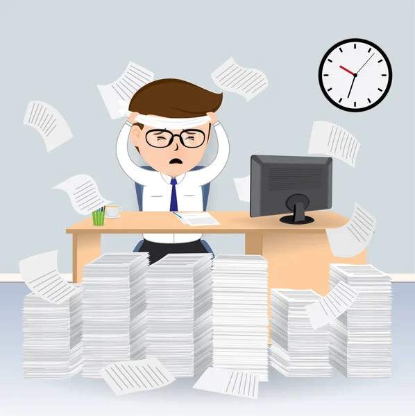 Biznesmen zajęty na jego biurku stos papierów, postać z kreskówki biznesmen, wektor ilustracja koncepcja biznesowa — Wektor stockowy