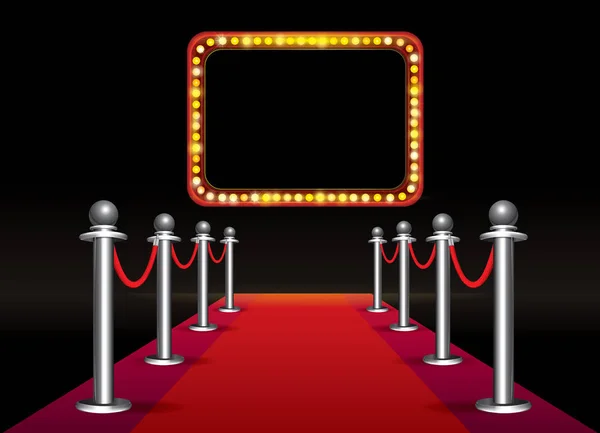魔力红地毯循环与招牌与黑色背景上的灯泡 — 图库矢量图片