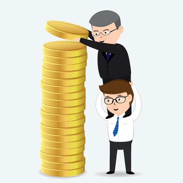 Dos hombres de negocios están dispuestos monedas de oro, concepto de negocio, vector — Vector de stock